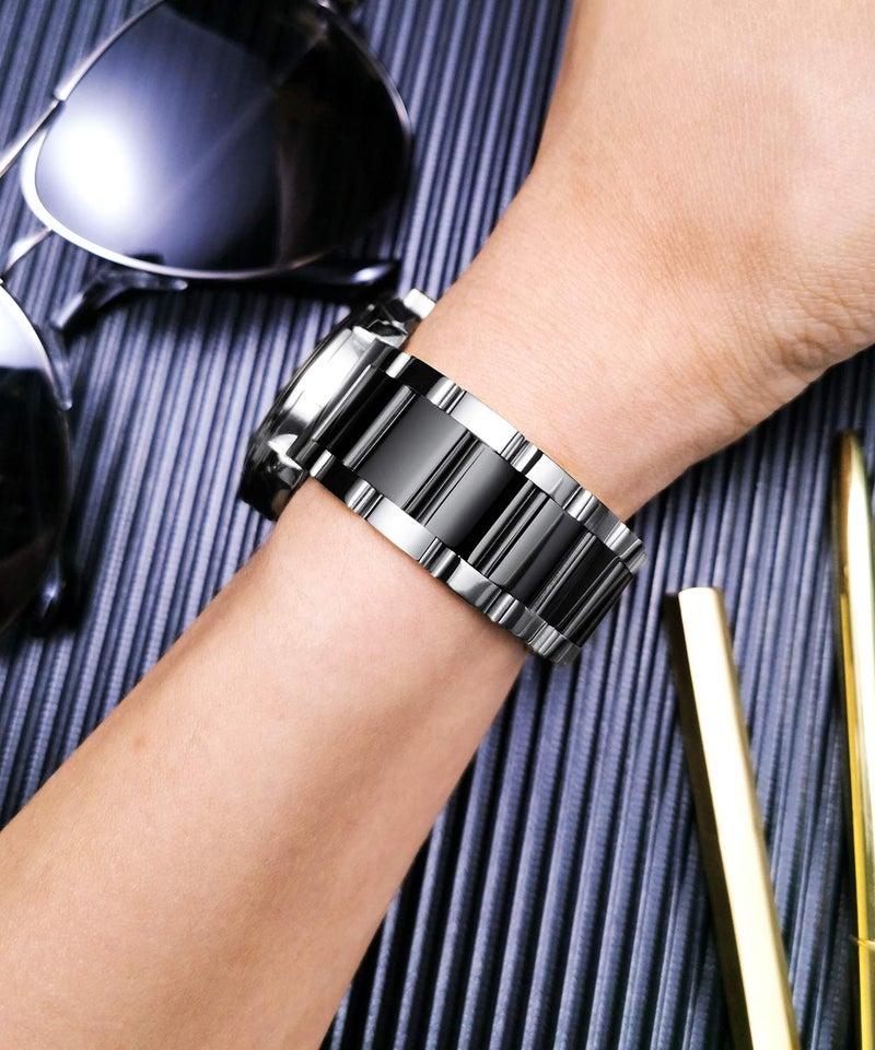BINLUN Thick Stainless Steel Watch Band Metal Heavy Polished Matte Brushed Finish Watch Strap Replacement for Men Women 16mm/18mm/20mm/21mm/22mm/23mm/24mm/26mm(Polished Silver and Black,26mm) - Image 3